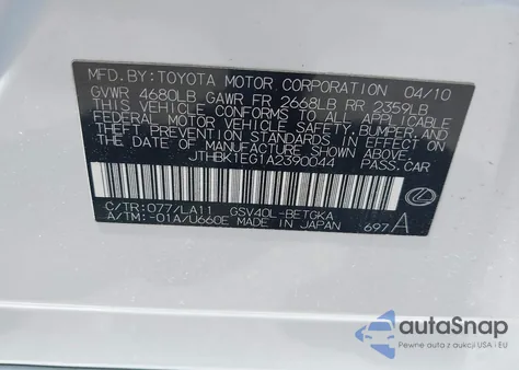 2010 Lexus Es 350 from USA, damaged, VIN JTHBK1EG1A2390044